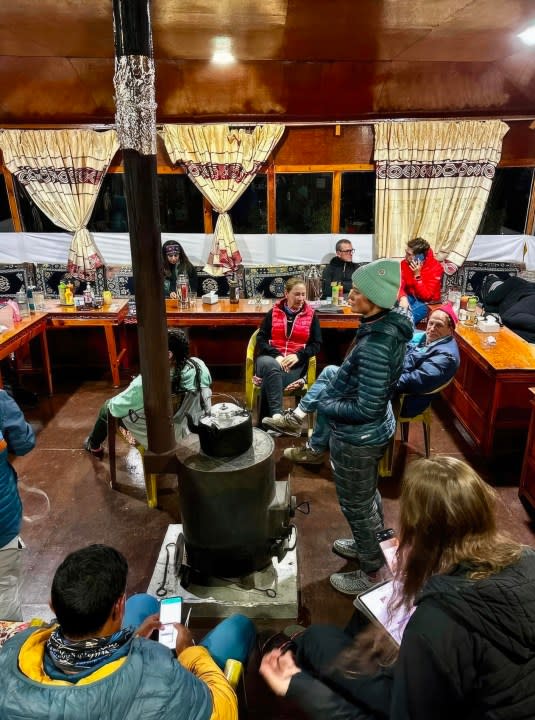 Walnut Creek Councilmember, Kevin Wilk, and others in the expedition team gather in the guest house’s main dining room that is warmed by a yak dung burning stove, during his recent climb to the Mount Everest South Base Camp at 17,598″ in Nepal. Wilk left on Oct. 26 and returned on Nov. 18, 2023 with the ascent taking nine days and decent five days. He was on the mountain for a total of 15 days. (Kevin Wilk via Bay City News)