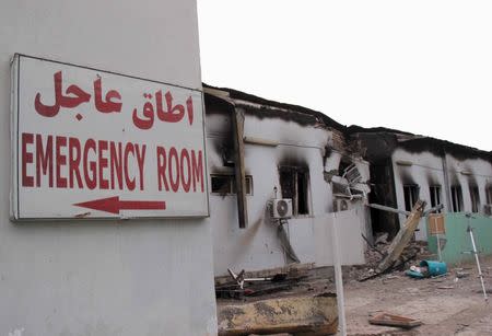 Damaged buildings are seen at the MSF hospital in Kunduz, Afghanistan October 16, 2015. The hour-long air raid on October 3, 2015 killed 22 people, including 12 MSF staff, and led to the closure of the Kunduz trauma hospital, depriving tens of thousands of Afghans of health care, the prominent medical charity said. Picture taken October 16, 2015.REUTERS/Stringer