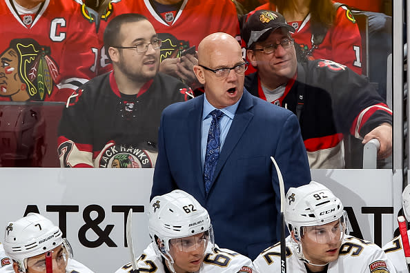 CHICAGO, IL - NOVEMBER 29: General Manager Tom Rowe performs as interim head coach in his first game against the Chicago Blackhawks at the United Center on November 29, 2016 in Chicago, Illinois. (Photo by Bill Smith/NHLI via Getty Images)