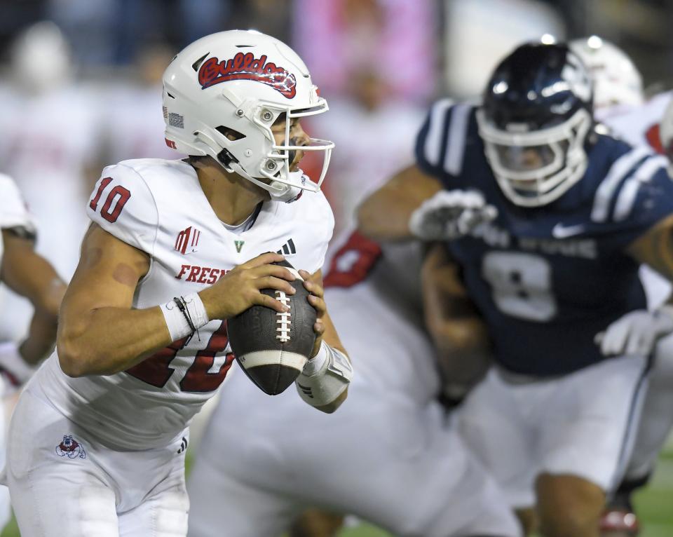 Fresno State quarterback Logan Fife (10) looks to throw a pass against Utah State during the second half of an NCAA college football game Friday, Oct. 13, 2023, in Logan, Utah. | Eli Lucero/The Herald Journal via AP