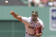 Boston Red Sox's Nathan Eovaldi delivers a pitch against the Seattle Mariners in the first inning of a baseball game Sunday, May 22, 2022, in Boston. (AP Photo/Steven Senne)