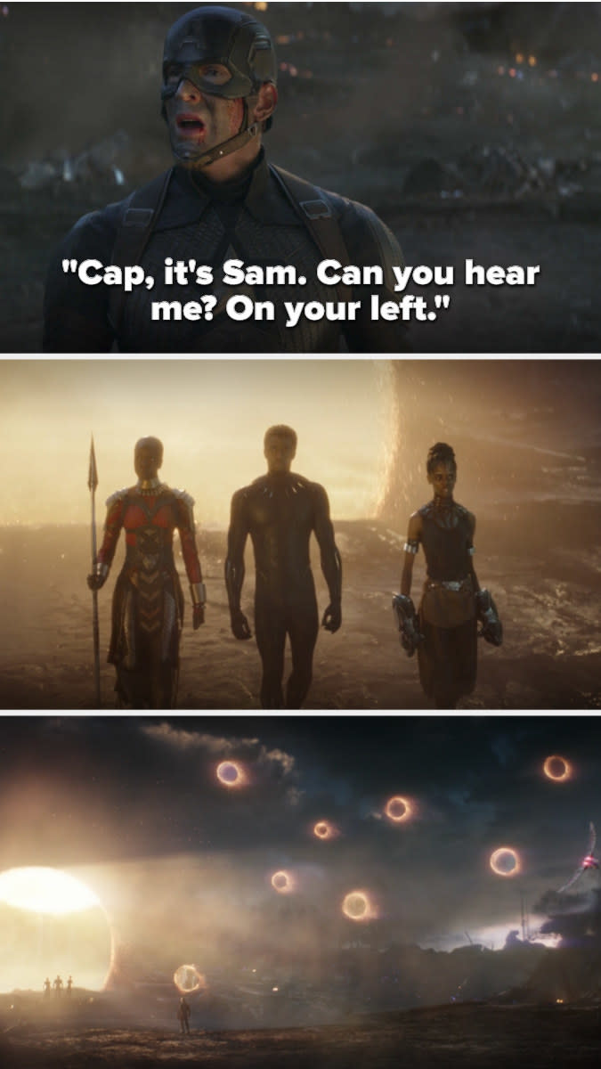 Cap hears Sam say "on your left" and the portals all open