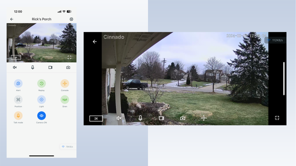 The Wansview Cloud app and a full-screen camera view