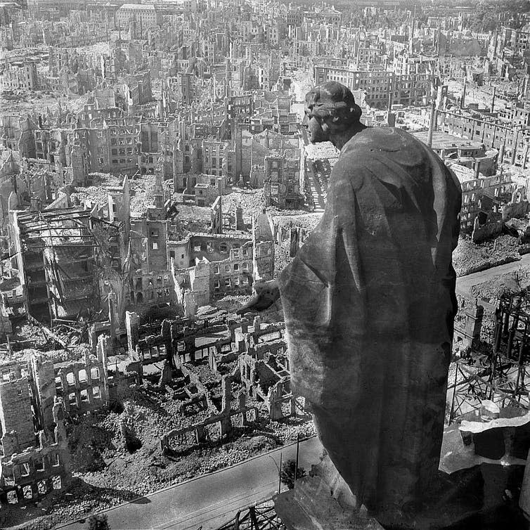 <span class="caption">Richard Peter, the ruins of Dresden, 1945.</span> <span class="attribution"><a class="link " href="https://commons.wikimedia.org/wiki/File:Fotothek_df_ps_0000010_Blick_vom_Rathausturm.jpg" rel="nofollow noopener" target="_blank" data-ylk="slk:Deutsche Fotothek‎;elm:context_link;itc:0;sec:content-canvas">Deutsche Fotothek‎</a>, <a class="link " href="http://creativecommons.org/licenses/by-sa/4.0/" rel="nofollow noopener" target="_blank" data-ylk="slk:CC BY-SA;elm:context_link;itc:0;sec:content-canvas">CC BY-SA</a></span>