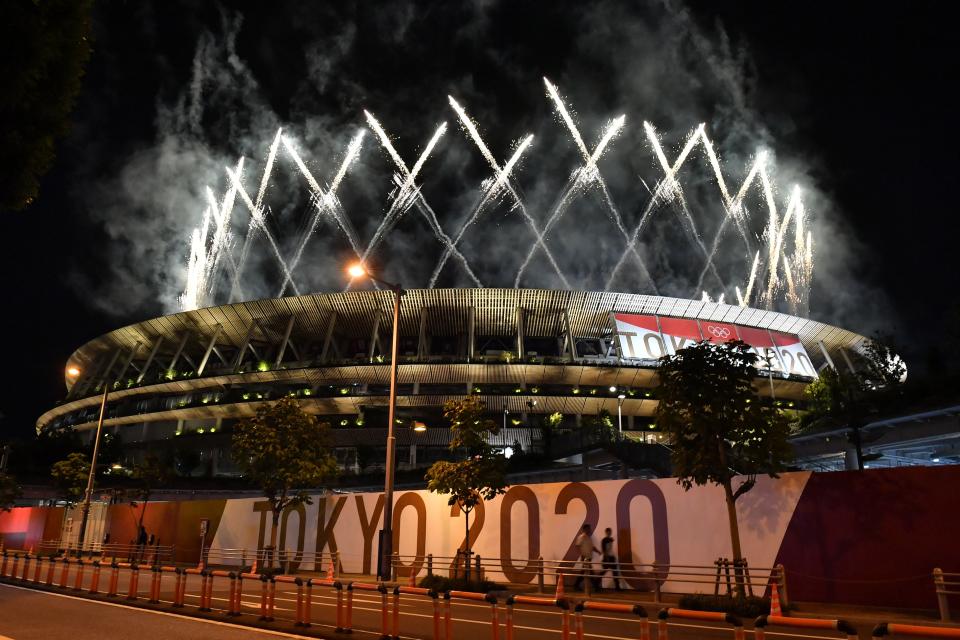 Fireworks go off around the Olympic Stadium during the closing ceremony of the Tokyo 2020 Olympic Games, as seen from outside the venue in Tokyo on August 8, 2021. (Photo by Kazuhiro NOGI / AFP) (Photo by KAZUHIRO NOGI/AFP via Getty Images)