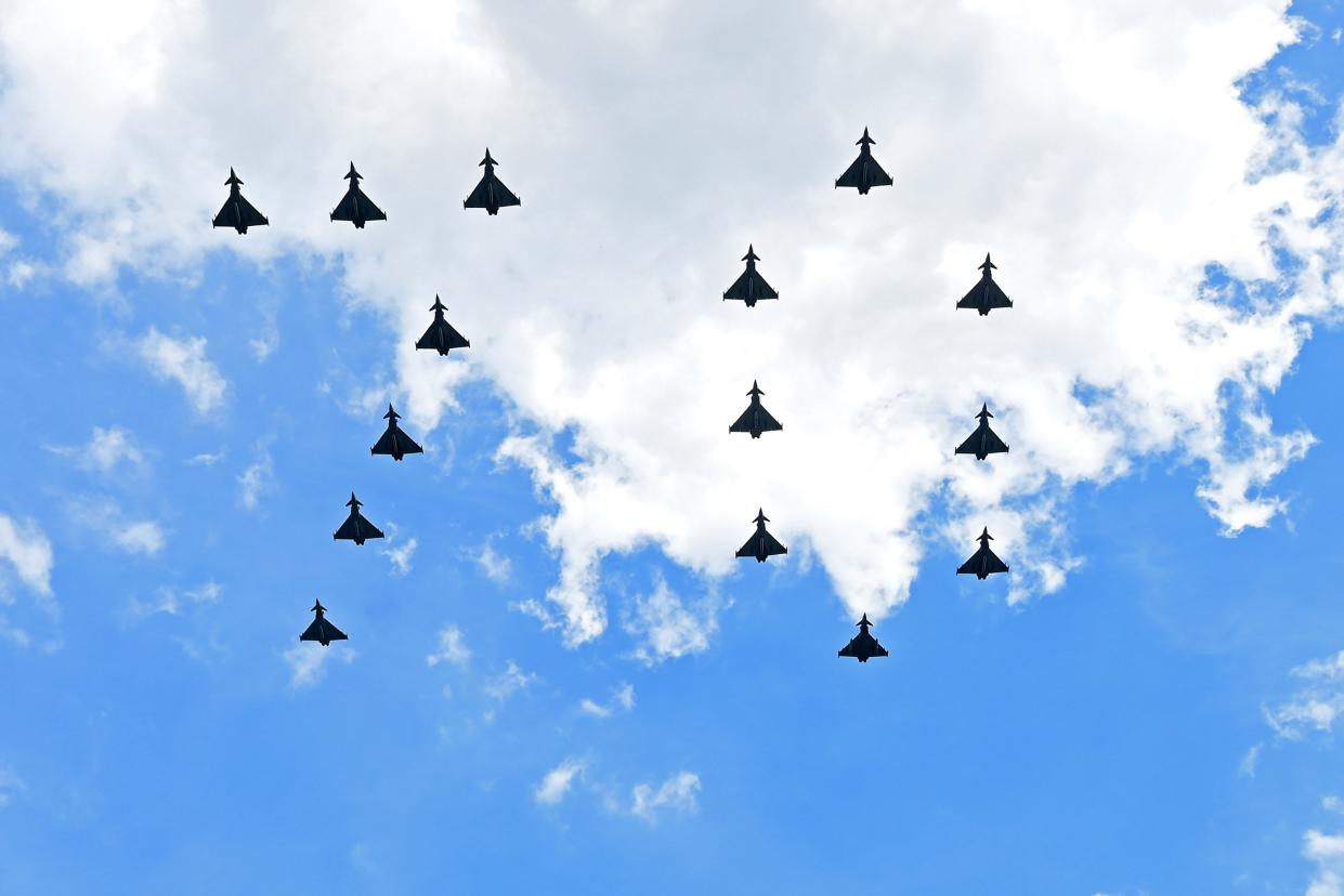 Fighter jets from Britain's RAF (Royal Air Force) fly in formation to form the number "70" during a special flypast over the Buckingham Palace balcony following Trooping The Colour on June 2, 2022, in London, England.