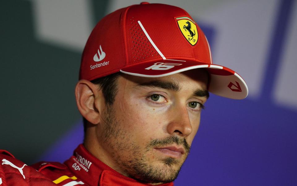 Ferrari's Charles Leclerc reacts following the qualifying for the Bahrain Grand Prix at the Bahrain International Circuit, Sakhir.