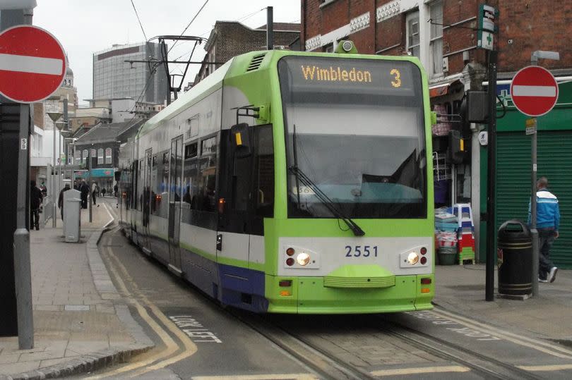 A London tram with Wimbledon destination