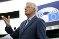 European Union chief Brexit negotiator Michel Barnier delivers his speech Tuesday, Oct. 22, 2019 at the European Parliament in Strasbourg, eastern France. Britain faces another week of political gridlock after British lawmakers on Monday denied Prime Minister Boris Johnson a chance to hold a vote on the Brexit divorce bill agreed in Brussels last Thursday. (AP Photo/Jean-Francois Badias)