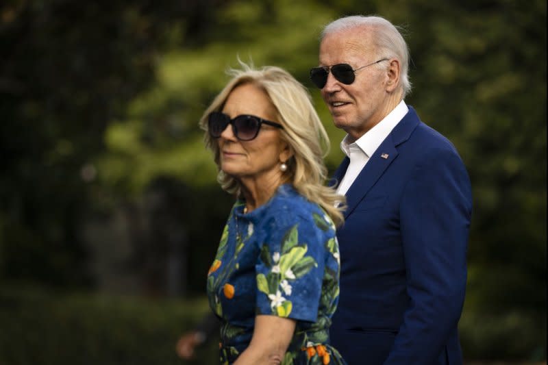 President Joe Biden and First Lady Jill Biden walk across the South Lawn towards the White House after landing in Marine One on Sunday, July 7, 2024 in Washington, DC. The President and First Lady are returning to the White House after campaign events in Philadelphia and Harrisburg, Pennsylvania. Photo by Samuel Corum/UPI