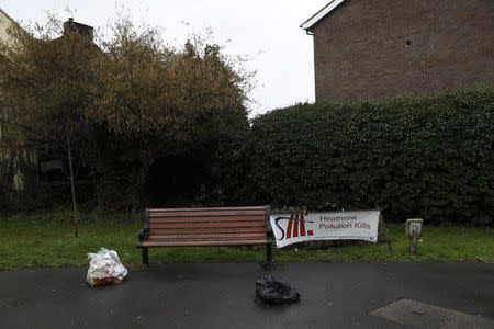 An anti-Heathrow airport expansion banner is seen in the threatened village of Sipson, very close to the proposed site of the airport's third runway, near London, Britain February 2, 2017. REUTERS/Stefan Wermuth