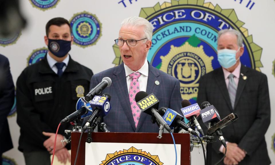 Rockland County District Attorney Thomas Walsh speaks at the Rockland County Fire Training Center April 1, 2021 about the investigation of the fatal fire at the Evergreen Court Home for Adults in Spring Valley.  .