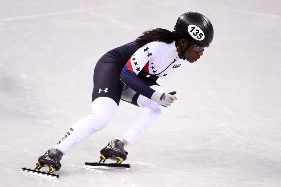 Maame Biney, the first black woman on the U.S. Olympic speedskating team, advanced Saturday in the 500-meter short-track event with a veteran-like performance in the first round at the Winter Olympics. (AP)