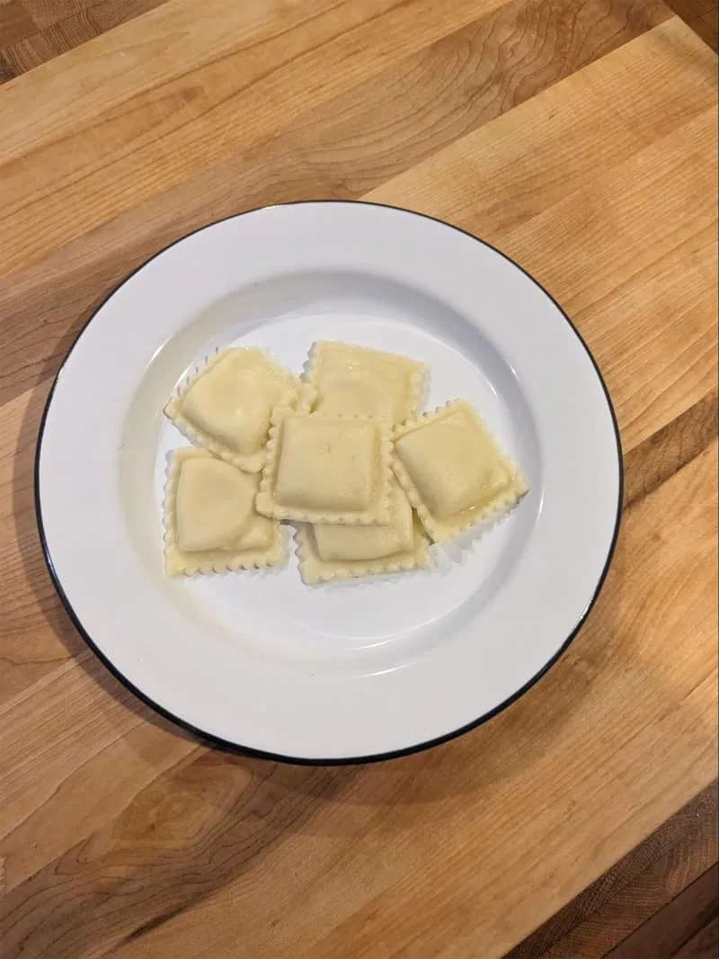 Plated cooked ravioli.