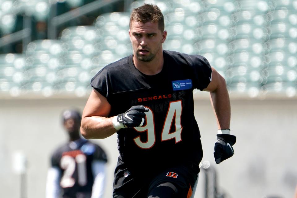 Sam Hubbard, seen here during organized team activities, has seen his career path take an upward trajectory. Entering his fifth year as a pro, he will look to lead the Bengals back to the postseason.