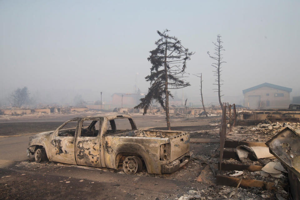 Home foundations and shells of vehicles are nearly all that remain in a residential neighborhood destroyed by a wildfire on May 6, 2016 in Fort McMurray, Alberta. (Photo by Scott Olson/Getty Images)