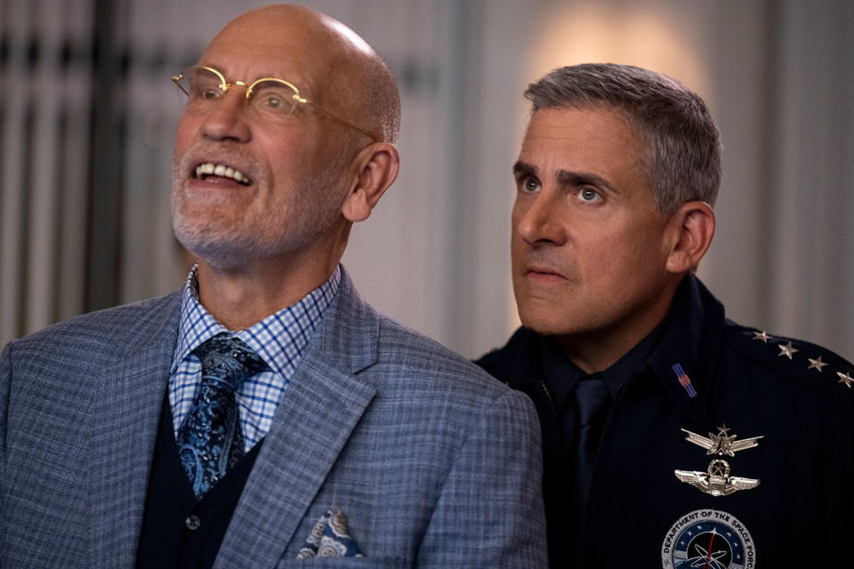 Space Force. (L to R) John Malkovich as Dr. Adrian Mallory, Steve Carell as General Mark Naird in episode 202 of Space Force. (Netflix)
