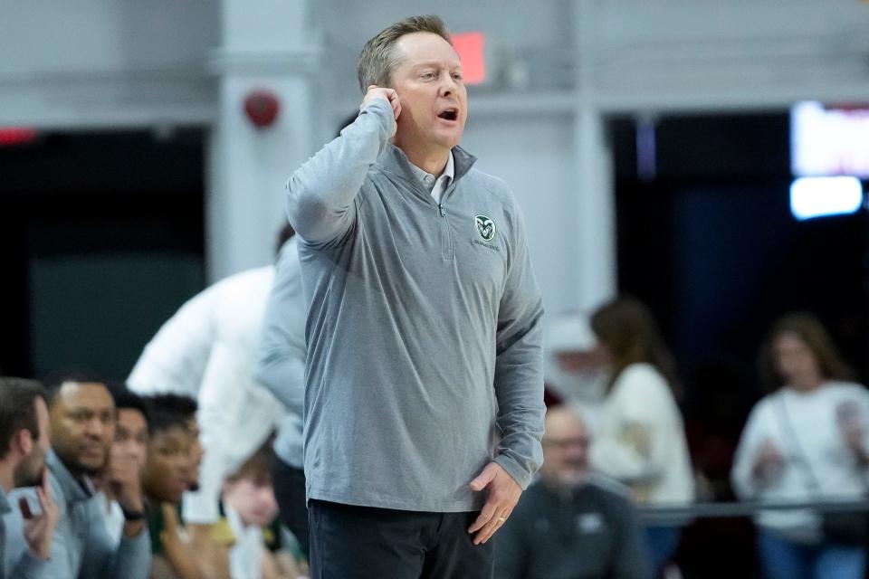 Colorado State head coach Niko Medved gestures during the first half of an NCAA college basketball game against Loyola Marymount Friday, Dec. 22, 2023, in Los Angeles. (AP Photo/Ryan Sun)