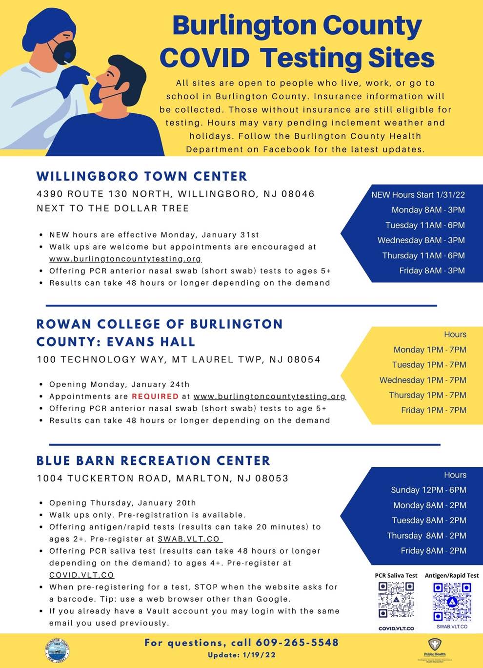 Two new COVID-19 testing sites are coming to Burlington County with testing available for anyone 2-years-old and older.