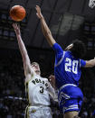 Purdue guard Braden Smith (3) shoots over New Orleans guard Khaleb Wilson-Rouse (20) during the second half of an NCAA college basketball game in West Lafayette, Ind., Wednesday, Dec. 21, 2022. (AP Photo/Michael Conroy)