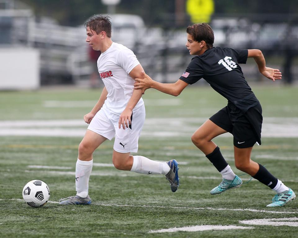 Pembroke’s Matt McAuliffe looks to go on the attack in first half action of their Patriot League opener against Marshfield at Marshfield High on Thursday, Sept. 9, 2021.