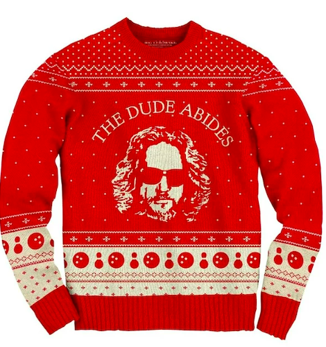 The Big Lebowski The Dude Abides Ugly Christmas Sweater, where to buy ugly christmas sweaters