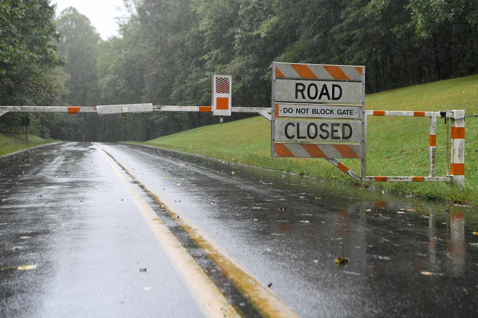 A gate blocks the Blue Ridge Parkway on Sept. 16, 2018. The entire parkway was closed ahead of the area being hit by the effects of Hurricane Florence, now downgraded to a tropical depression.