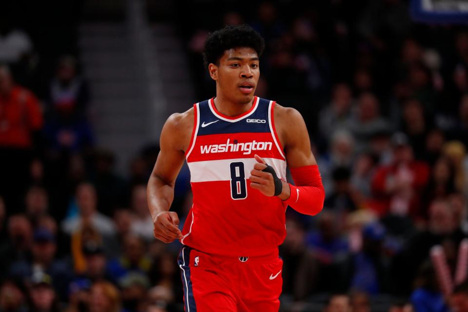 Washington Wizards forward Rui Hachimura plays against the Detroit Pistons in the first half of an NBA basketball game in Detroit, Monday, Dec. 16, 2019. (AP Photo/Paul Sancya)