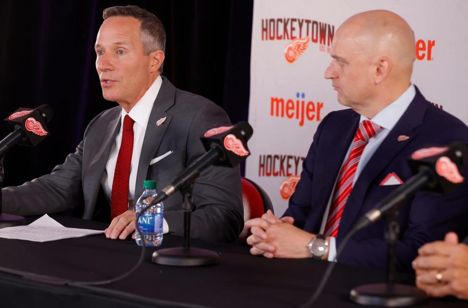 Red Wings owner Christopher Ilitch, left, introduces new Red Wings head coach Derek Lalonde at Little Caesars Arena in Detroit on Friday, July 1, 2022.