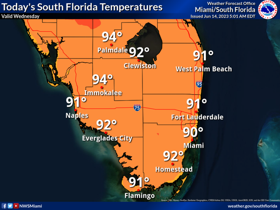 South Florida’s temperature forecast for Wednesday, June 14, 2023.