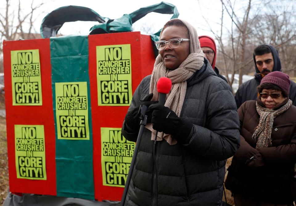 Chrystal Ridgeway, of Detroit, who grew up in this area of Core City in Detroit, talks during a news conference on Dec 14, 2022, near the site where a concrete crusher is proposed to go on Lawton Street in Detroit.