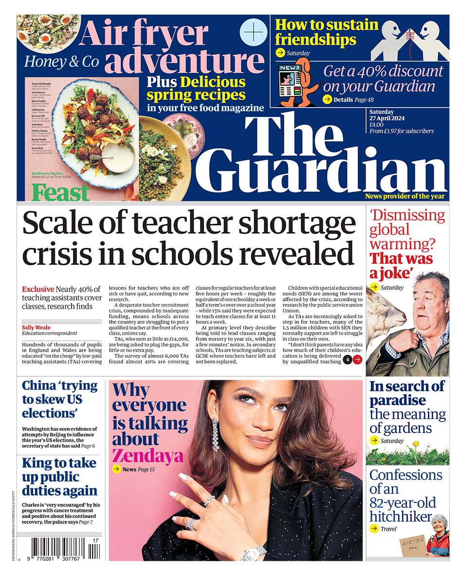 The headline in the Guardian reads: "Scale of teacher shortage crisis in schools revealed".