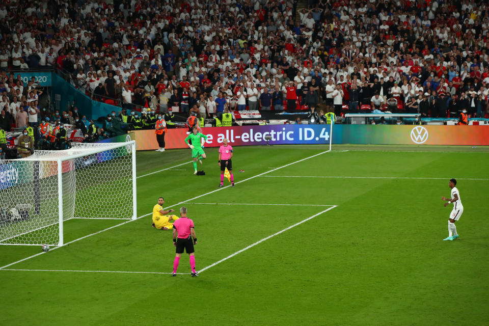 Marcus Rashford (pictured) misses his penalty during the UEFA Euro 2020 Championship Final between Italy and England at Wembley Stadium on July 11, 2021 in London, United Kingdom.