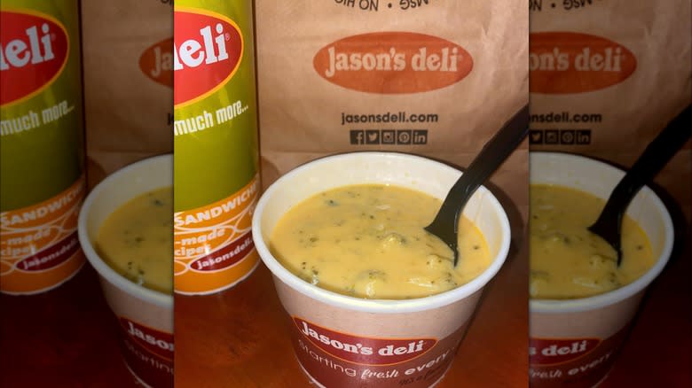 Bowl of broccoli cheddar soup from Jason's Deli