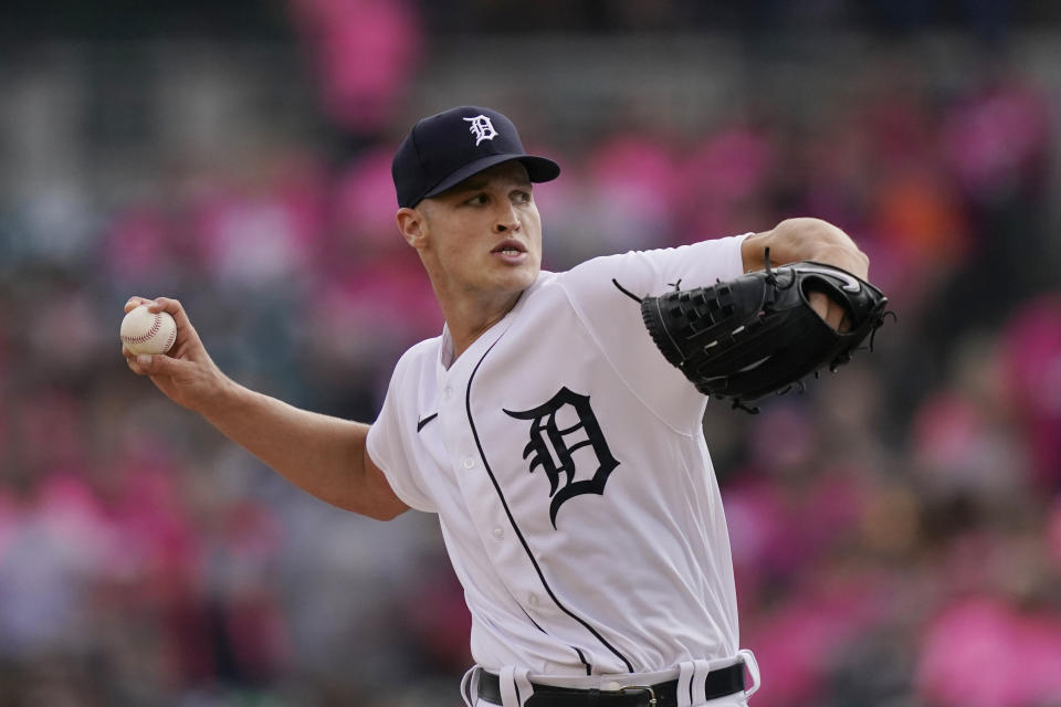 Detroit Tigers starting pitcher Matt Manning throws during the first inning of a baseball game against the Texas Rangers, Wednesday, July 21, 2021, in Detroit. (AP Photo/Carlos Osorio)