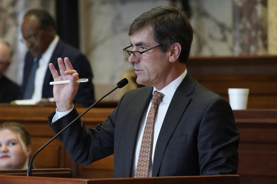 Senate Appropriations Committee Chairman Briggs Hopson, R-Vicksburg, answers a lawmaker's question as an appropriation bill for the Mississippi Department of Education is discussed, Tuesday, March 7, 2023, at the Mississippi Capitol in Jackson. (AP Photo/Rogelio V. Solis)