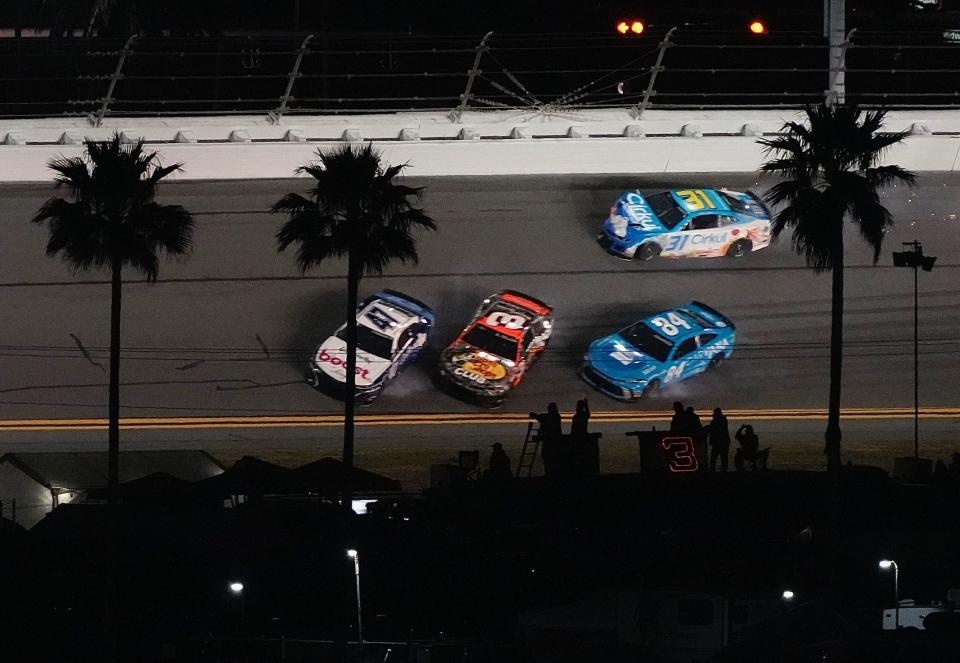 Jimmie Johnson (84), Austin Dillon (3), Ricky Stenhouse Jr. (47) and Daniel Hemric (31) all crash with 9 laps to go in the first of two Daytona Duels on Thursday, February 15, 2024.
