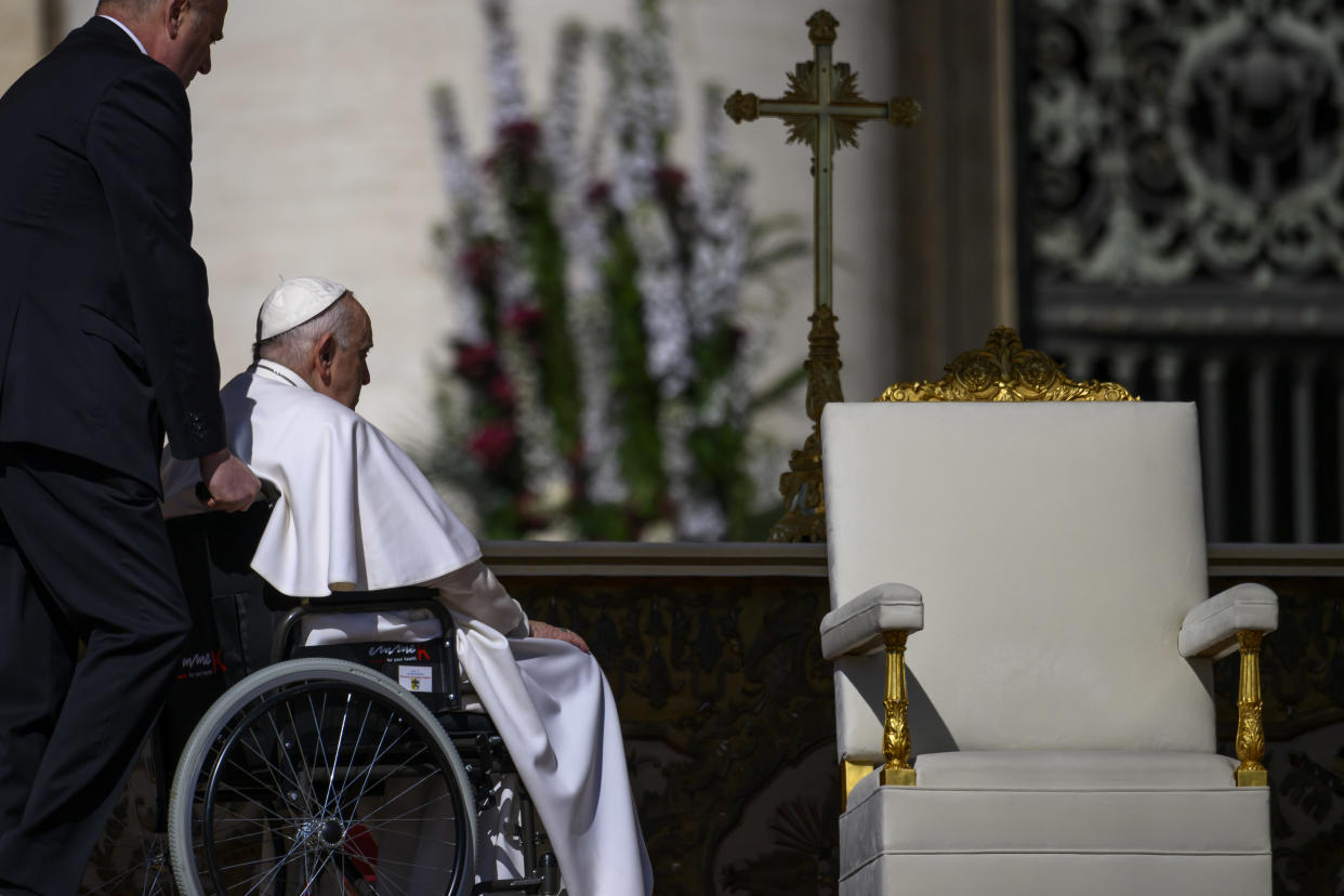VATICAN CITY, VATICAN - APRIL 09: Pope Francis arrives in a wheelchair to attend the Easter Mass at St. Peter's Square, on April 9, 2023 in Vatican City, Vatican. Following the liturgy, the Holy Father gave the traditional 'Blessing Urbi et Orbi'- to the city of Rome, and to the world. (Photo by Antonio Masiello/Getty Images)