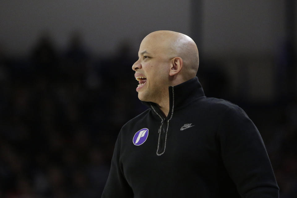 Portland head coach Shantay Legans shouts to players during the first half of the team's NCAA college basketball game against Gonzaga, Saturday, Jan. 14, 2023, in Spokane, Wash. (AP Photo/Young Kwak)