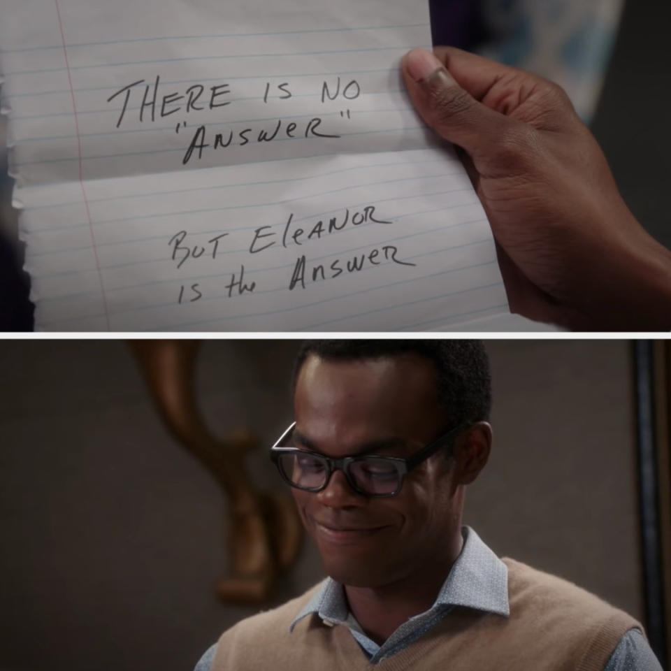 Chidi reads "There is no 'answer,' but Eleanor is the answer"