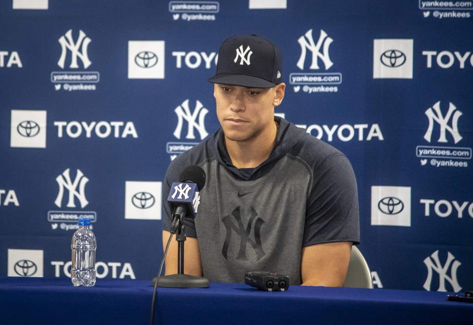 Aaron Judge and Giancarlo Stanton almost certainly won't be ready for opening day. (Photo by J. Conrad Williams, Jr./Newsday RM via Getty Images)