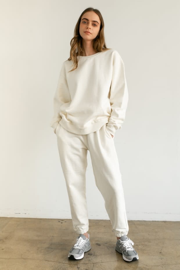 Almina Concept's Boyfriend Sweatshirt, $98, and High-Waist Sweatpants, $78, available as part of its Fall 2020 collection.