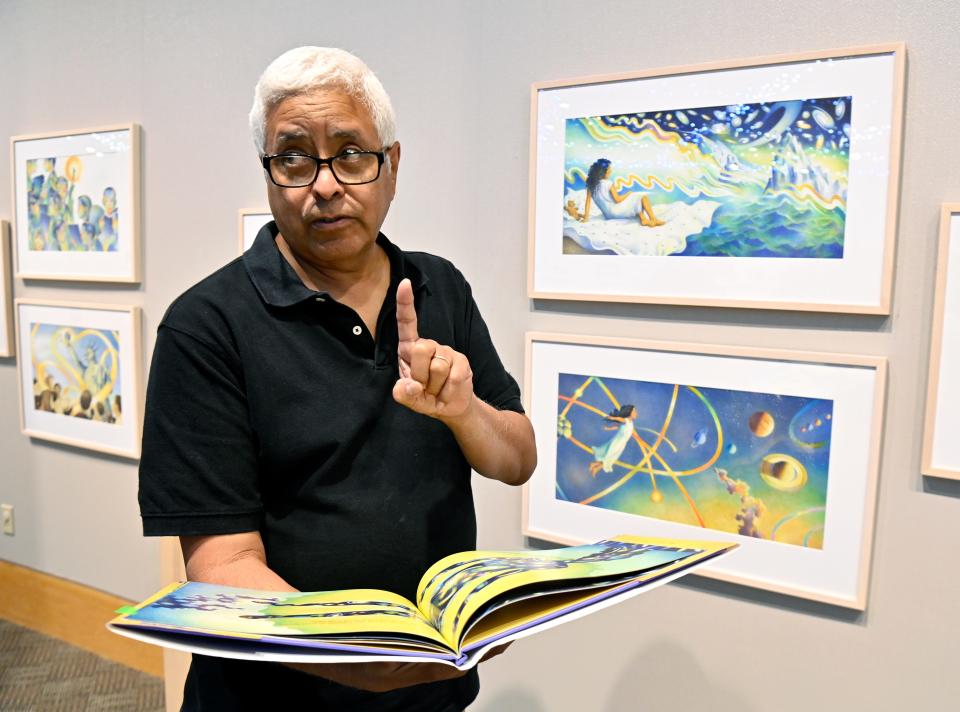 Artist Raúl Colon at the National Center for Children’s Illustrated Literature, discusses he work Thursday Oct. 26, 2023. Colon is visiting the NCCIL this weekend and conducting workshops for student artists.