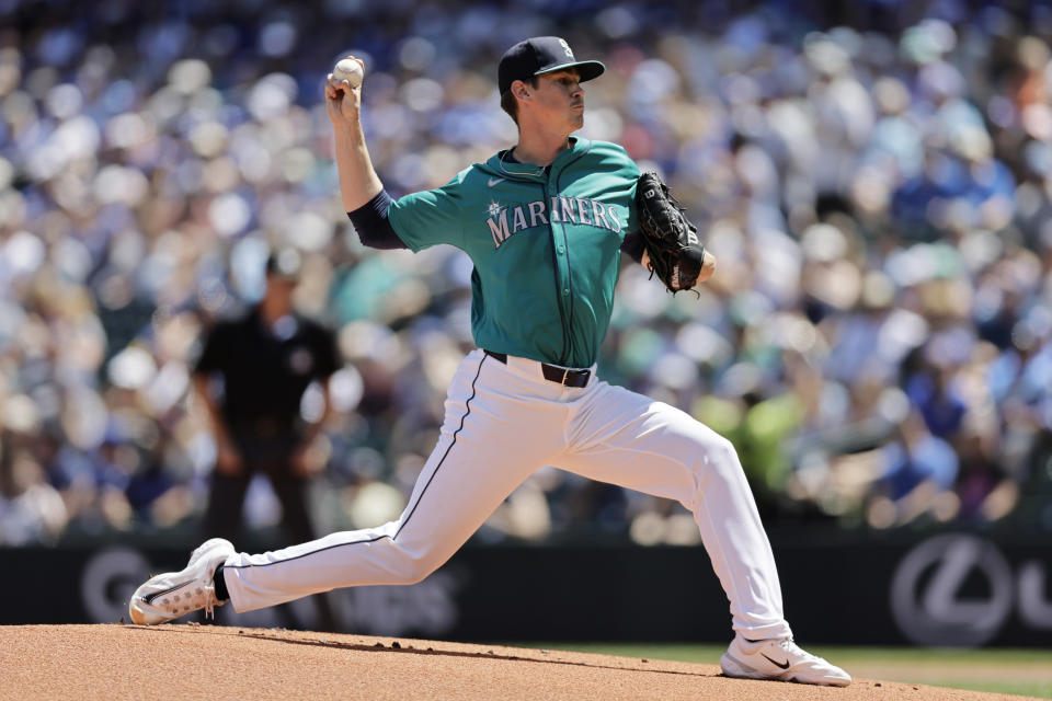 Seattle Mariners starting pitcher Emerson Hancock throws to a Toronto Blue Jays batter during the first inning in a baseball game, Saturday, July 6, 2024, in Seattle. (AP Photo/John Froschauer)