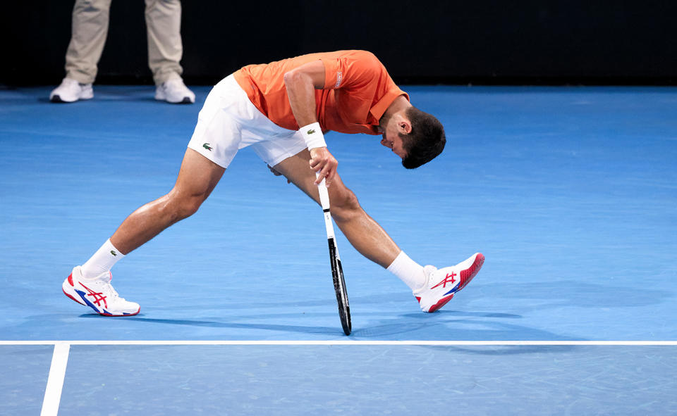 Novak Djokovic, pictured here after injuring his hamstring during his win over Daniil Medvedev at the Adelaide International. 