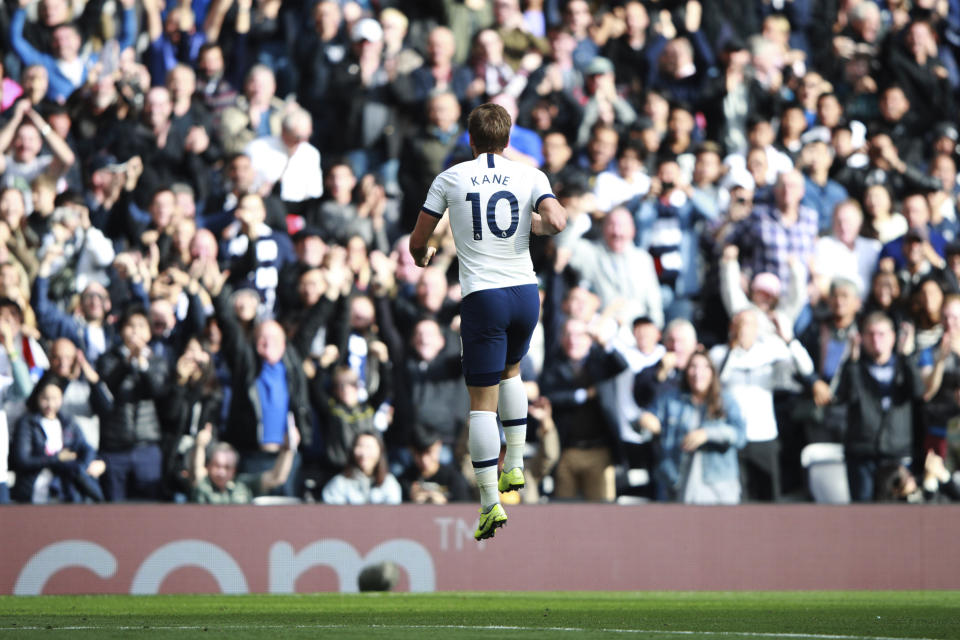 Tottenham's Harry Kane celebrates scoring his side's second goal during the English Premier League soccer match between Tottenham Hotspur and Southampton at the White Heart Lane stadium in London, Saturday, Sept. 28, 2019. (AP Photo/Ian Walton)