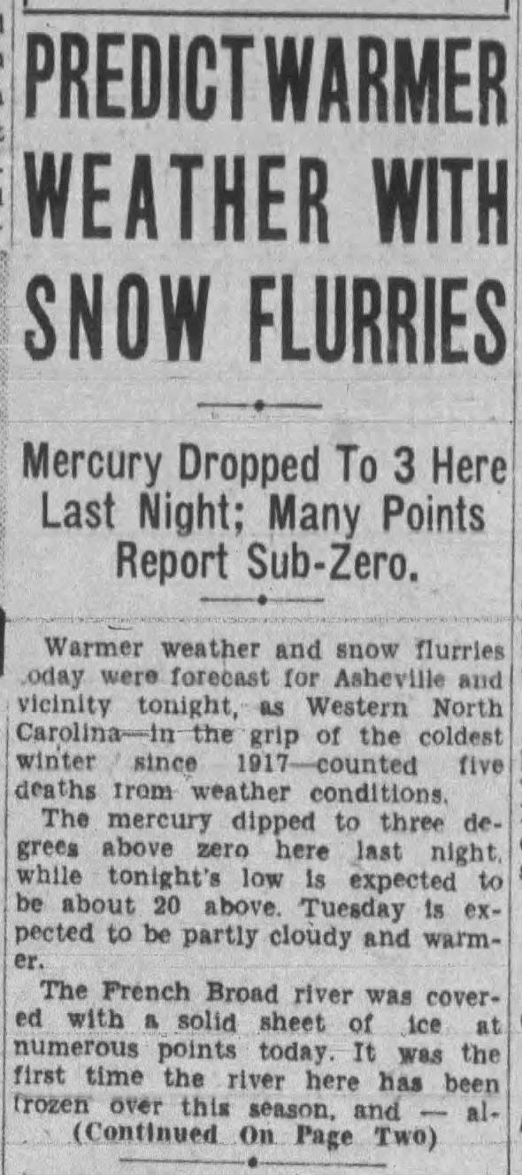 A weather story from the Jan. 29, 1940, edition of the Asheville Times mentioned the French Broad River being frozen over.