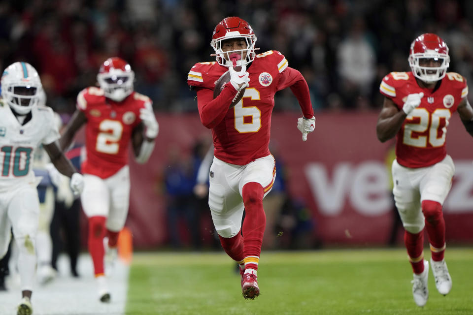 Bryan Cook and the Chiefs' return of Tyreek Hill's fumble to end the first half proved to be the winning score as Kansas City beat Miami in Frankfurt, Germany. (AP Photo/Doug Benc)