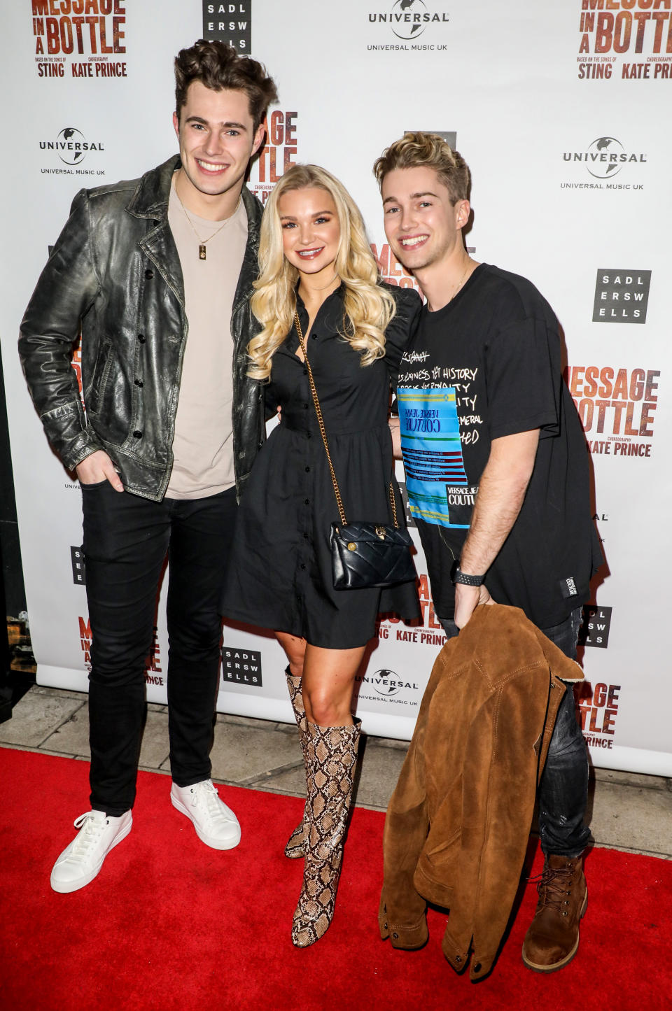 Curtis Pritchard, Abbie Quinnen and AJ Pritchard attending a press night for Message in a Bottle at the Peacock Theatre in London (Photo by Brett Cove / SOPA Images/Sipa USA)