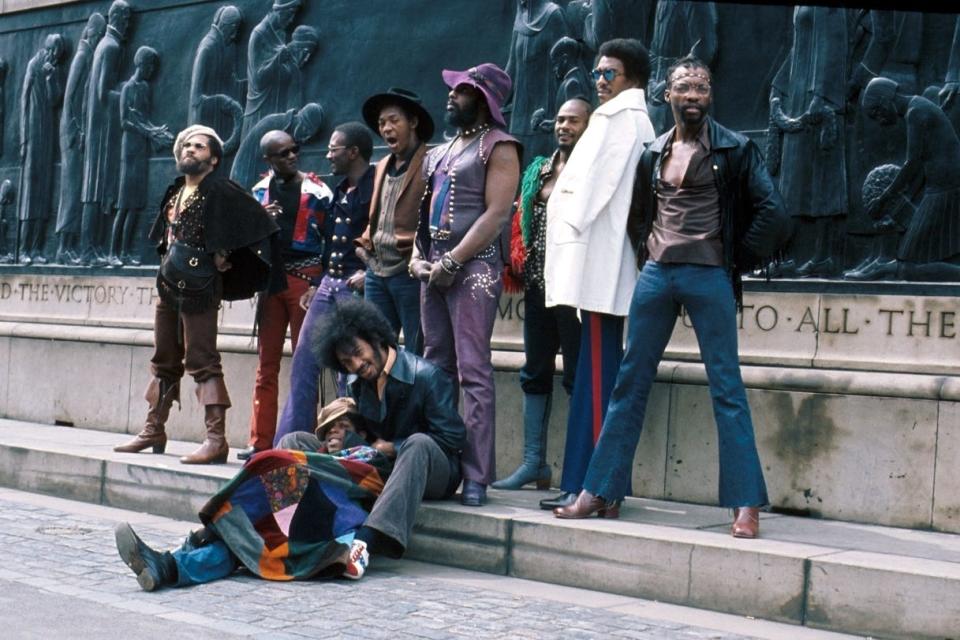 Parliament Funkadelic in Liverpool in 1971: Fuzzy Haskins (left to right), Tawl Ross, Bernie Worrell, Tiki Fulwood, Grady Thomas, George Clinton, Ray Davis, Calvin Simon and seated, Eddie Hazel and Billy "Bass" Nelson.